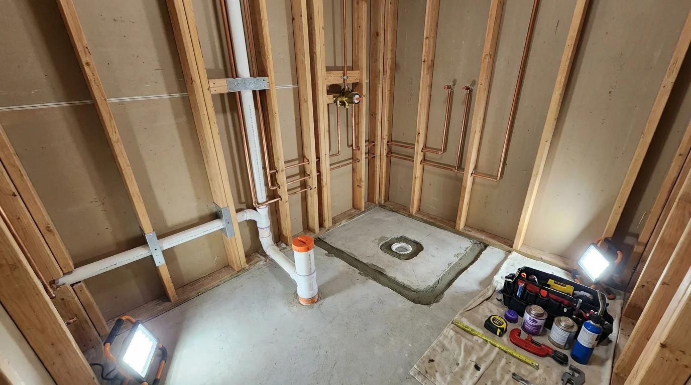 Bathroom rough-in plumbing during remodel by Johns Plumbing LLC in Rockdale