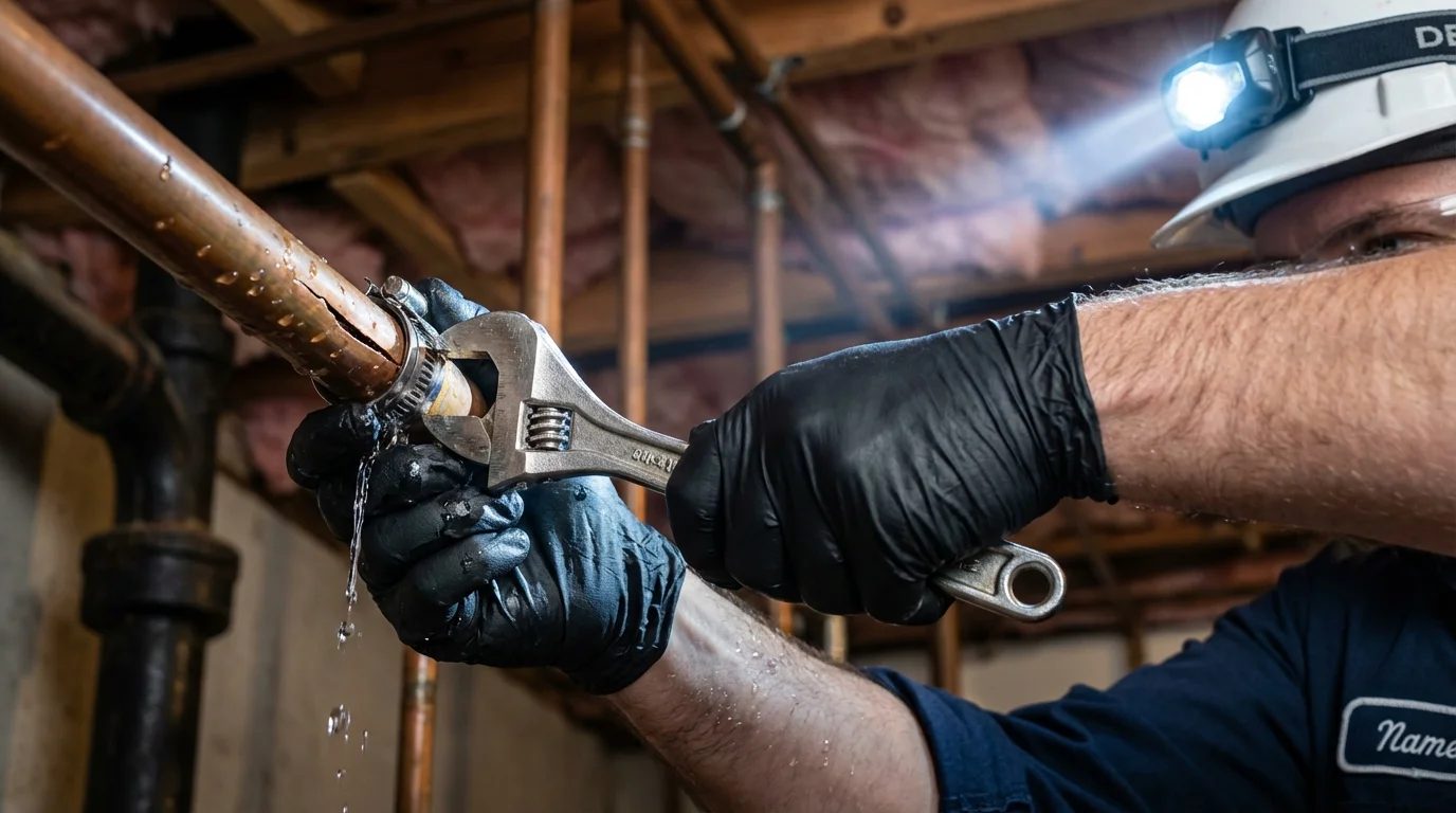 Emergency pipe clamp repair being performed by a Johns Plumbing LLC plumber in Rockdale