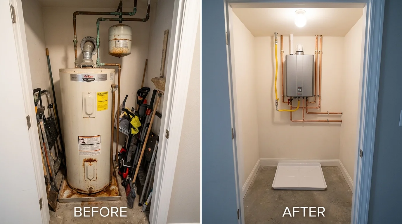 Tank water heater versus wall-mounted tankless unit comparison for Rockdale, TX homeowners