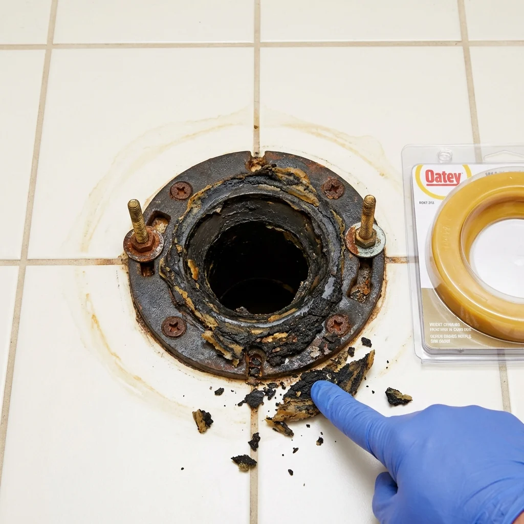 Failed wax ring showing water seepage at the base of a toilet in a Rockdale, TX home