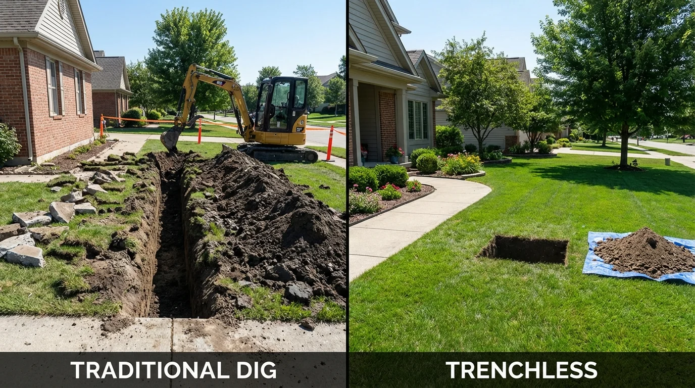 Trenchless sewer repair with minimal yard damage versus traditional excavation in Rockdale, TX