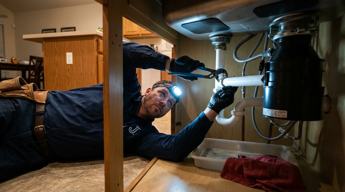 P-trap and supply line connections under a kitchen sink showing a common leak point in Rockdale, TX